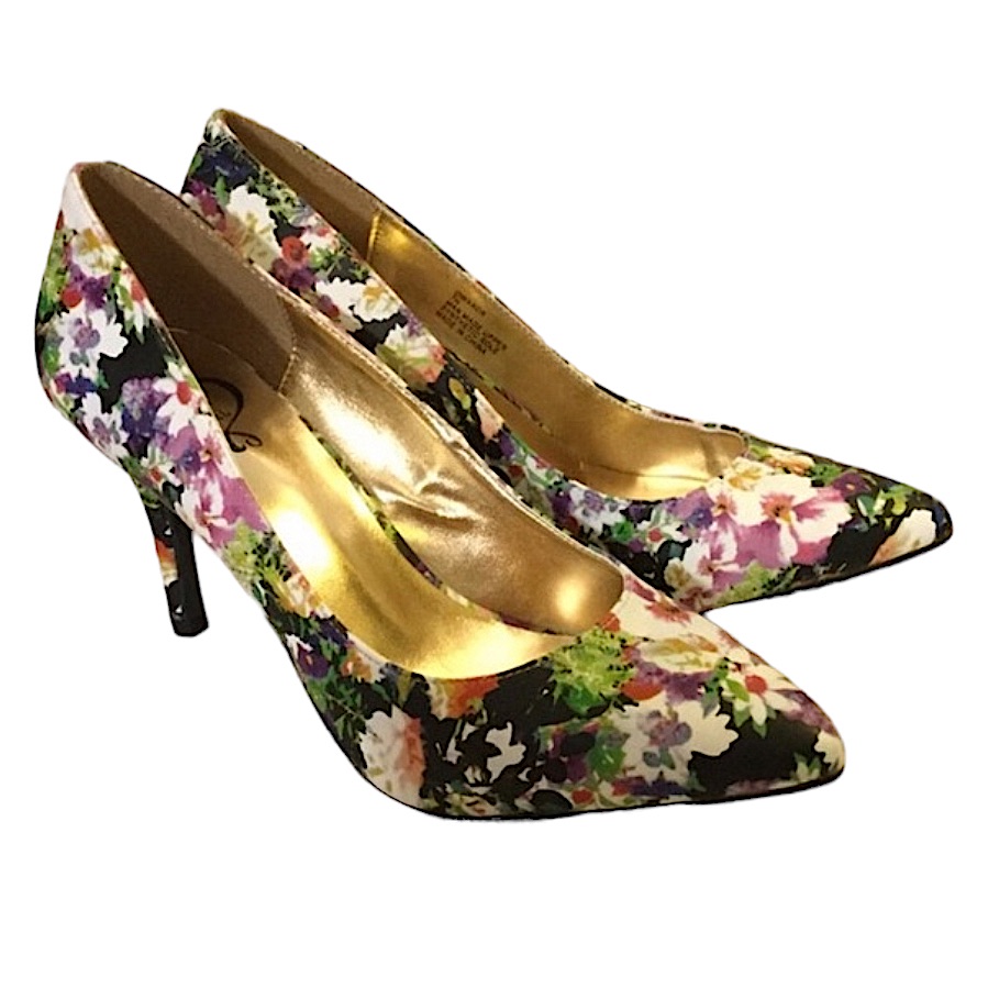 143 Girl Sz 7 Heels Floral Pumps Golden “Owanda” Purple Black